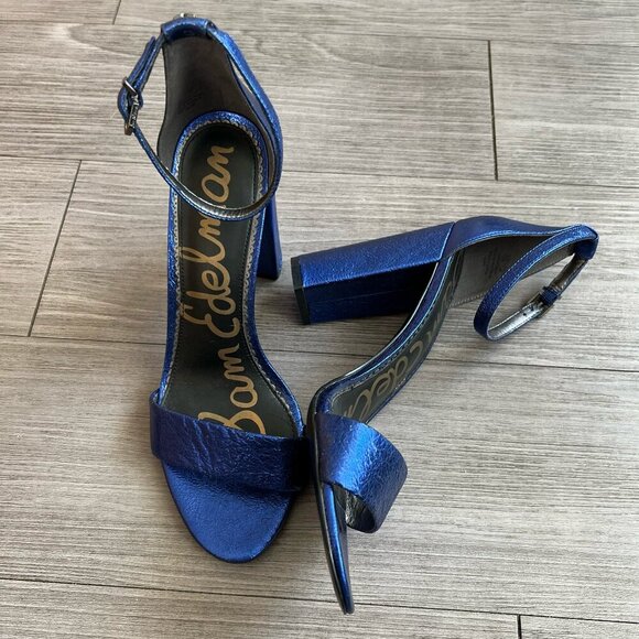 Sam Edelman Yaro Block Heel Sandal Shiny Electric Blue Leather Size W10 - Picture 1 of 7
